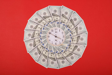 Concept of clock and dollar. Clock on mandala kaleidoscope from money. Abstract money background...
