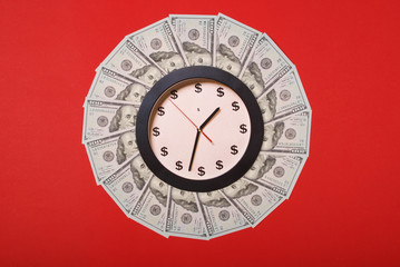 Concept of clock and dollar. Clock on mandala kaleidoscope from money. Abstract money background...