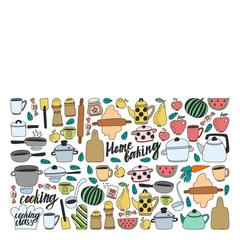 Vector set of children's kitchen and cooking drawings icons in doodle style. Painted, colorful, pictures on a piece of paper on white background.