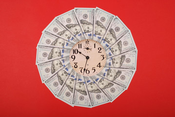 Concept of clock and dollar. Clock on mandala kaleidoscope from money. Abstract money background...