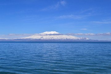 lake and snowy mountains