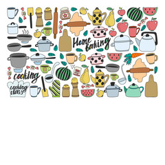 Vector set of children's kitchen and cooking drawings icons in doodle style. Painted, colorful, pictures on a piece of paper on white background.