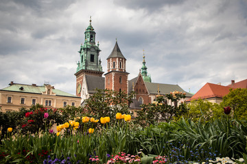 Garden in Wawel castle yard with beautiful flowers and castle in the background