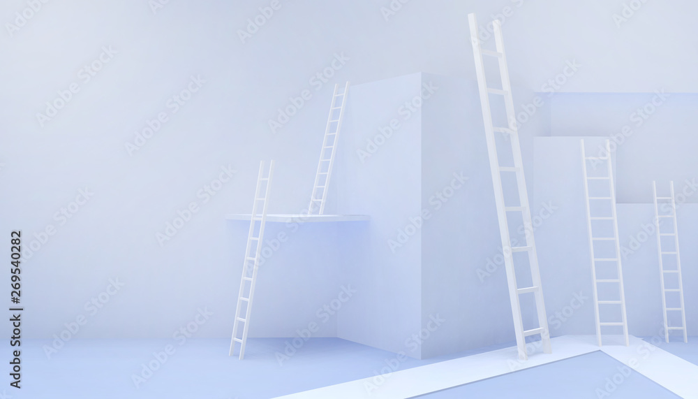 Poster ladder different creative business concepts on light blue paste color background with shadows - 3d r
