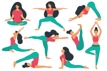 Women do yoga, different asanas and poses. Vector cartoon characters. Set of yoga practice.