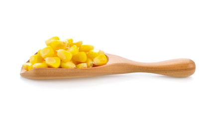 sweet corn seeds in wood scoop on white background