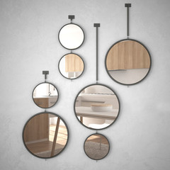 Round mirrors hanging on the wall reflecting interior design scene, minimalist white and wooden kitchen, modern architecture concept idea