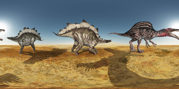 360 Grad Panorama mit den Dinosauriern Stegosaurus und Spinosaurus in einer Wüste