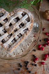 Cheery pie with heart shapes. Woman decoration homemade  cake.