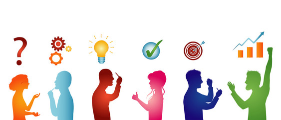 Concept problem solving team. Business solution. Analysis and finding a solution to the problems. Strategy and success. Client service. Silhouette isolated people in profile.Sharing idea