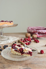 Cheery pie with heart shapes. Woman decoration homemade  cake.