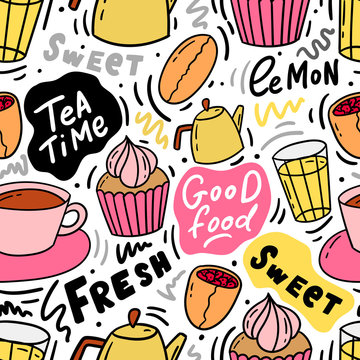 Food illustration seamless pattern for print, textile. Modern sweet background with cupcake.