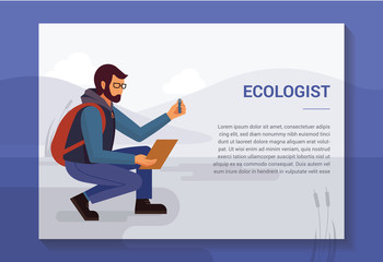 Design concept with an illustration of a bearded man in glasses and with a backpack ecologist in nature, who takes samples from the reservoir. There is a place for text.
