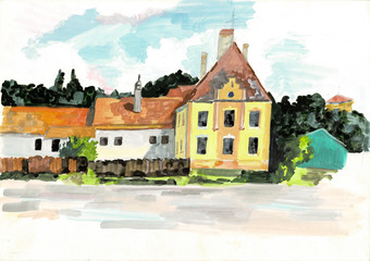 Fototapeta na wymiar Street with houses and trees. Watercolor sketch.