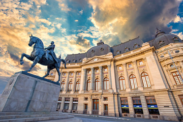Bucharest / Bucuresti at Sunset. Calea Victoriei, National Library