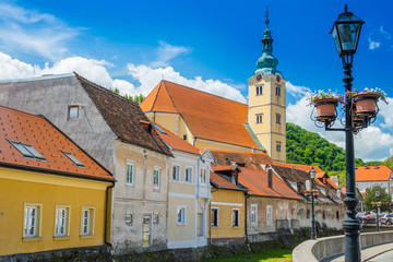 Samobor, Croatia, catholic church and river in the center of city, beautiful spring day