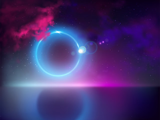 Solar or lunar eclipse with light ray, beam tear away from hidden moon disc 3d realistic vector. Fluorescent colors background with blue, violet clouds on night sky, halo reflection on water surface