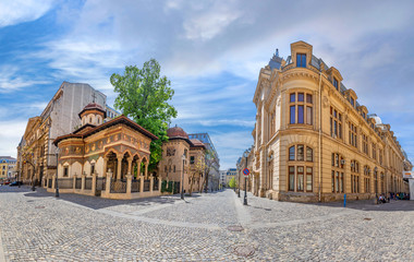 Old town of Bucharest. Stavropoleos monastery, St. Michael and Gabriel church in a summer day in Bucharest, Romania. - obrazy, fototapety, plakaty