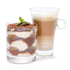 Classic tiramisu dessert in a glass and cup of coffee isolated on a white background with clipping path