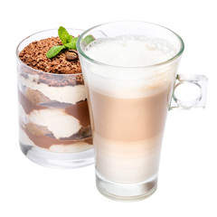 Classic tiramisu dessert in a glass and cup of coffee isolated on a white background with clipping path