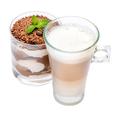 Classic tiramisu dessert in a glass and cup of coffee isolated on a white background with clipping path