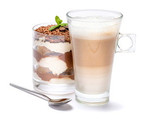Classic tiramisu dessert in a glass and cup of coffee isolated on a white background with clipping path