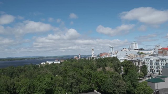 view of the city of Samara, the Volga River, the Zhiguli Gate, the bell tower of the Iversky Women's Monastery