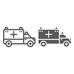 Ambulance line and glyph icon, transport and drive, emergency car sign, vector graphics, a linear pattern on a white background.