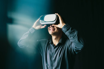 The young man wore virtual glasses