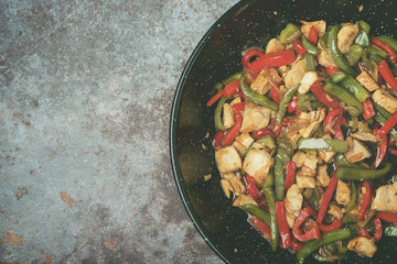 chicken meat with vegetables and teriyaki sauce
