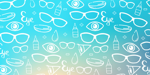 Banner for Optical Shop or Glasses clinic. Hand draw doodle background.