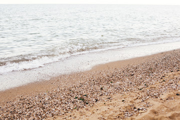 Beautiful sea waves foam closeup and sandy beach with seashells on tropical island. Waves in ocean bay or lagoon. Tranquil calm moment. Summer vacation. Copy space