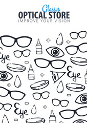 Banner for Optical Shop or Glasses clinic. Hand draw doodle background.
