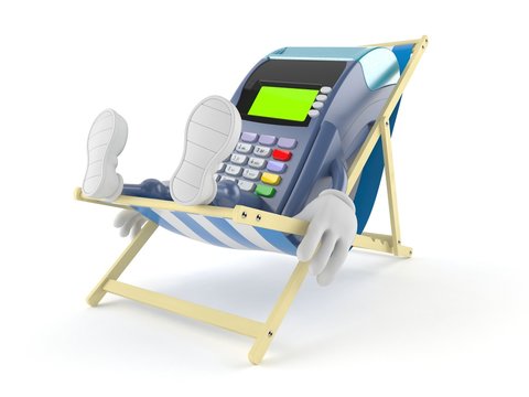 Credit card reader character lying on deck chair