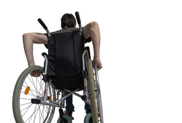 Handicapped disabled man sitting on wheelchair. Isolated on whit