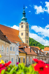 Beautiful town of Samobor, Croatia, catholic church and river in the center of city, beautiful spring day