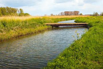 Fototapeta na wymiar Simple wooden bridge over a meandering stream