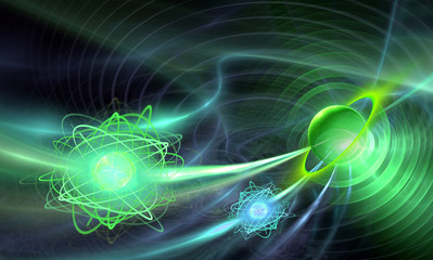 Nuclear physics. Atoms in the microcosm. Scientific 3d illustration.