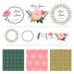 Vector illustration with flowers, branches, patterns fill and design elements.