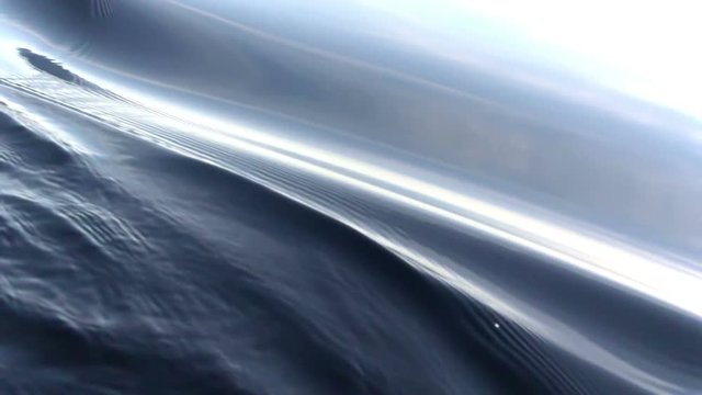 Water Surface Cutting. The nose of the boat slowly cuts through the calm water and creates wagging dark waves. Slow Motion at a rate of 240 fps