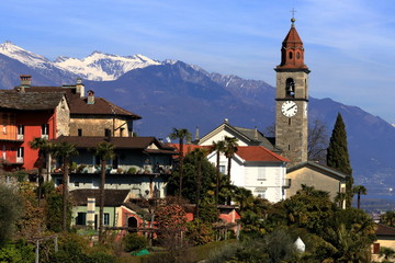 Fototapeta na wymiar vista del paesino di Ronco sopra Ascona in Ticino sul lago maggiore e le alpi sullo sfondo