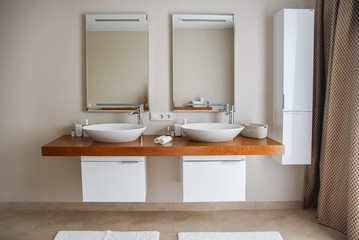 Fototapeta na wymiar Contemporary bathroom interior, great design. Modern bathroom interior. Nobody inside. Wood texture.