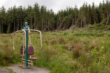 Fototapeta na wymiar A random piece of exercise equipment in a field next to a forest, nobody in the image