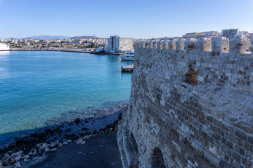 Heraklion, Crete Island - Greece. Panoramic view of Heraklion city, from the Venetian fortress "Koules" (castello a mare). Sunny day with clear blue sky