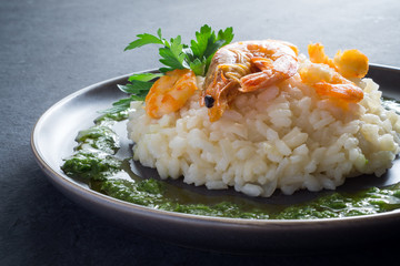 Risotto with shrimps, parsley and green sauce on a gray plate on a dark gray background with copy space. Italian food