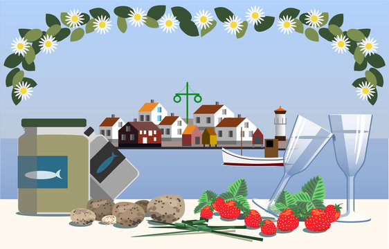 Traditional Swedish midsummer in the archipelago with typical lunch meal including pickled herring, chive, new potatoes, strawberries and snaps.