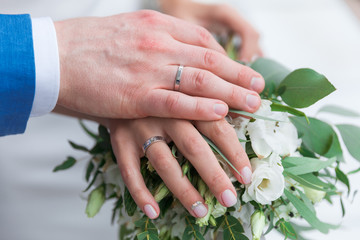 Hand of the groom and the bride with wedding rings