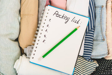 Packing list or travel planner. Preparing for vacation, journey or trip.