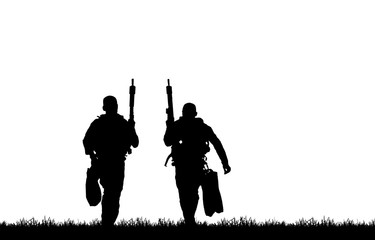 Naklejka premium Silhouette of soldier with rifle on white background