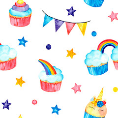 Magic seamless pattern with unicorn, cupcakes, flags, rainbow, colorful stars. Watercolor illustration. Isolated on a white background.